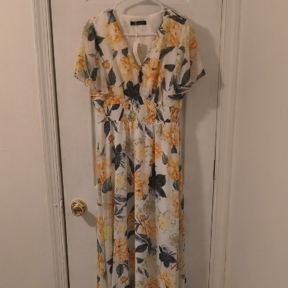 Simple Yellow and Black Floral Maxi Dress